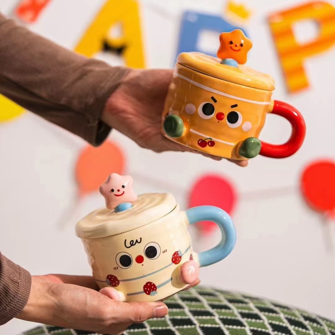 Creativo en línea taza de agua para beber personalidad pastel vela taza de relieve lindo muñeca de alto valor facial pintado a mano taza de cerámica