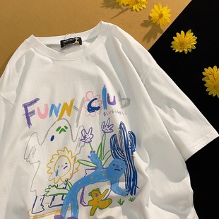 2023 Summer New American Style Retro Short-sleeved T-shirt Women's Instagram Popular Brand Fun Loose All-match Couple Half-sleeved Top