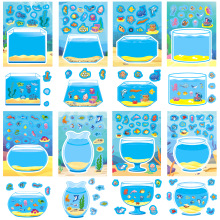 8张卡通海洋海底动物世界拼贴儿童益智DIY水杯装饰防水跨境贴纸