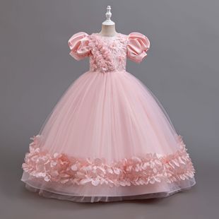 Cross-border Girls' dress Bubble Sleeve Long Dress Princess Dress Children's Dress Pink Flower Tutu Dress