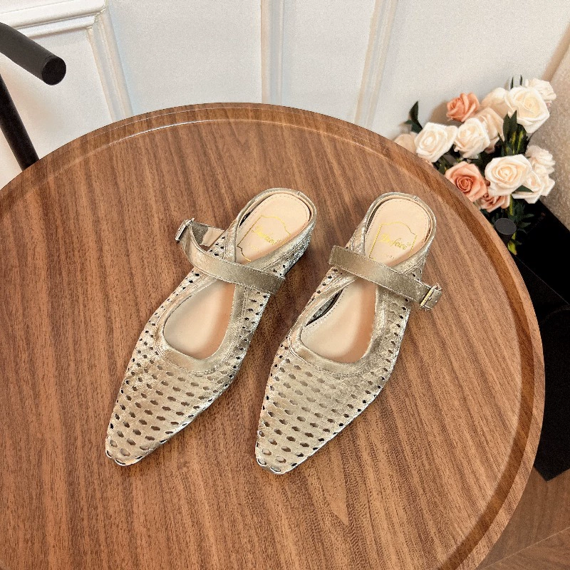 Retro French style hollow small square toe breathable women's shoes summer increased soft bottom flat bottom breathable one-word with half drag