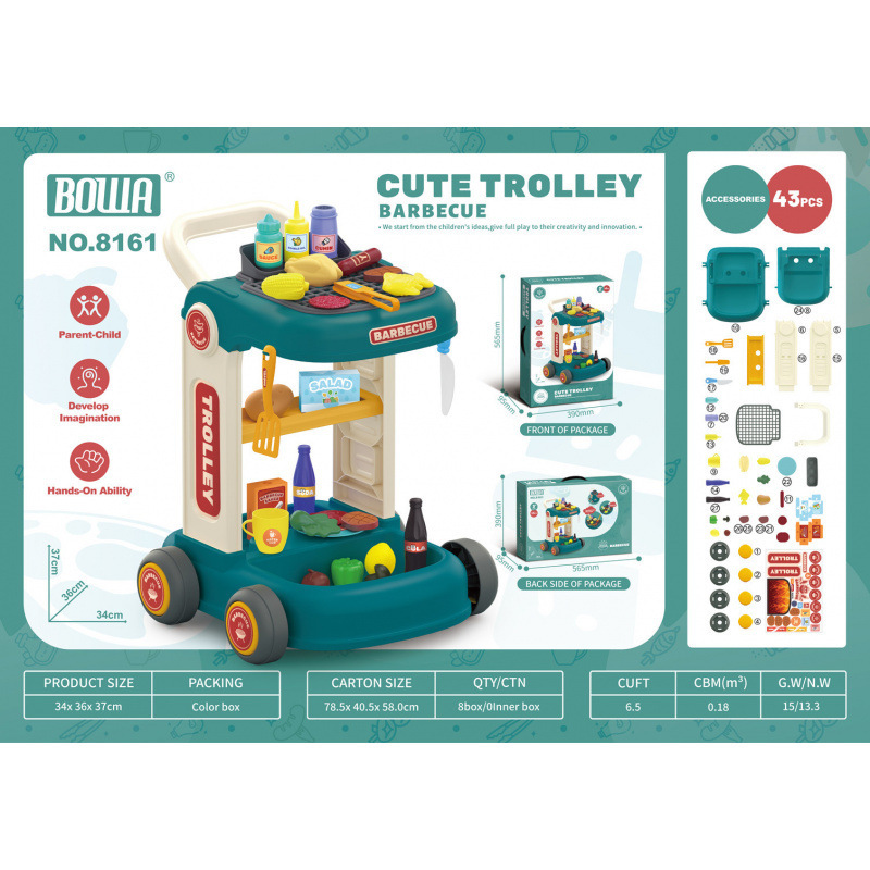 Transfronterizos niños simulación postres kits de atención médica herramientas de limpieza cubiertos de cocina carro juguetes