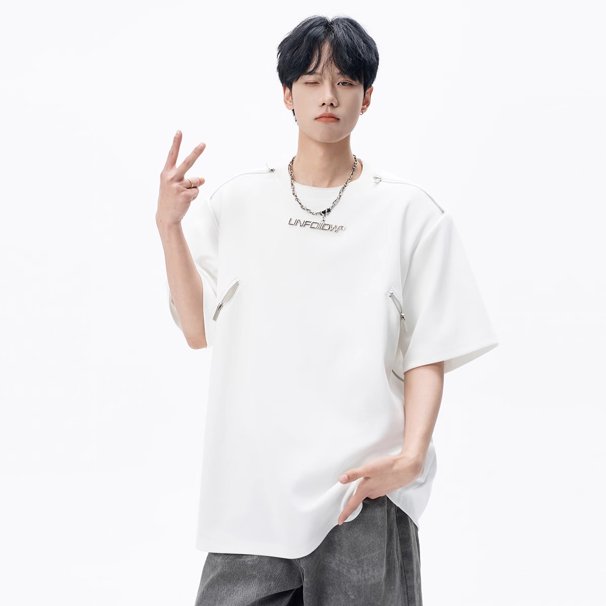 American Metal Zipper Short-sleeved T-shirt Men's 2025 Summer High Street Design Sense Trendy Brand Plump Handsome Casual Half-sleeved T-shirt