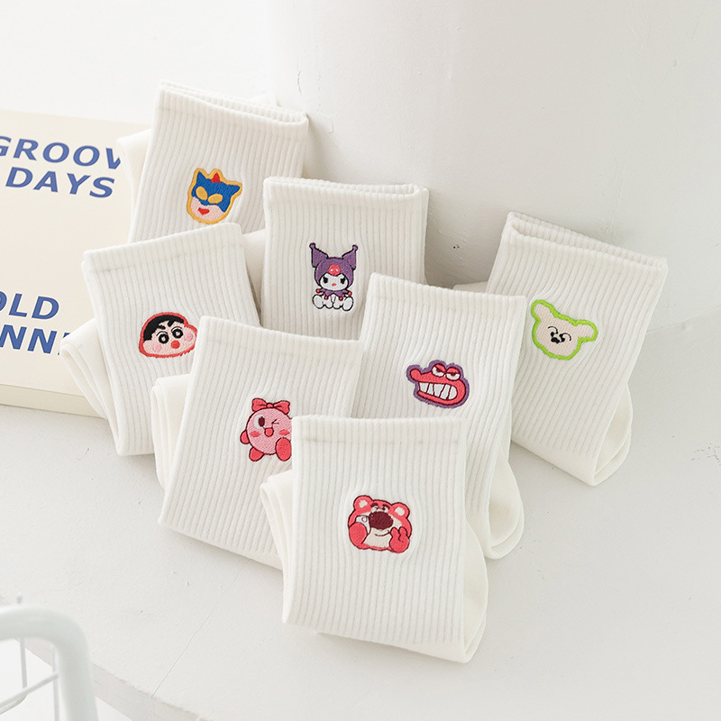 White Cute Yehara Embroidered Fox Crocodile Mid-Socks Women Autumn and Winter Cartoon Animation Sports Socks Cotton