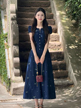女装新品法式复古刺绣长裙夏新品牛仔连衣裙