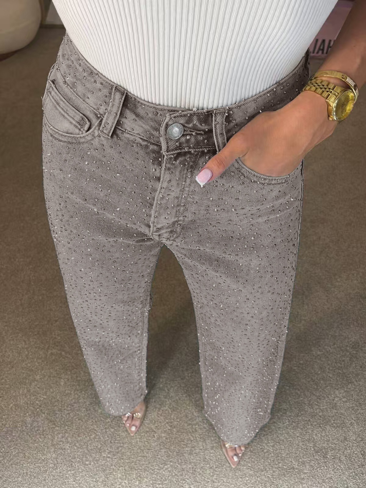 Women's High-Waisted Straight Leg Jeans Full Diamond Washed Denim Loose Fit European And American Style_mkmklike.com
