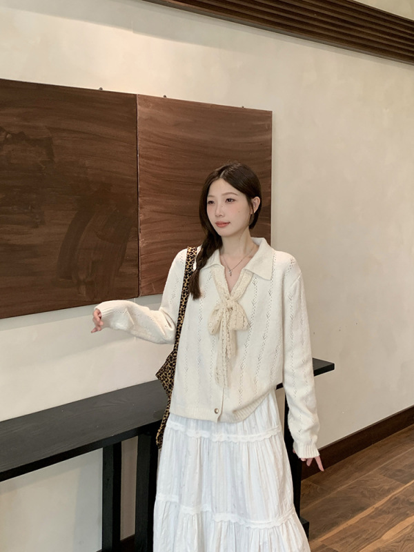 2025秋季新款胖mm大码女温柔风v领蕾丝系带蝴蝶结针织衫上衣|undefined