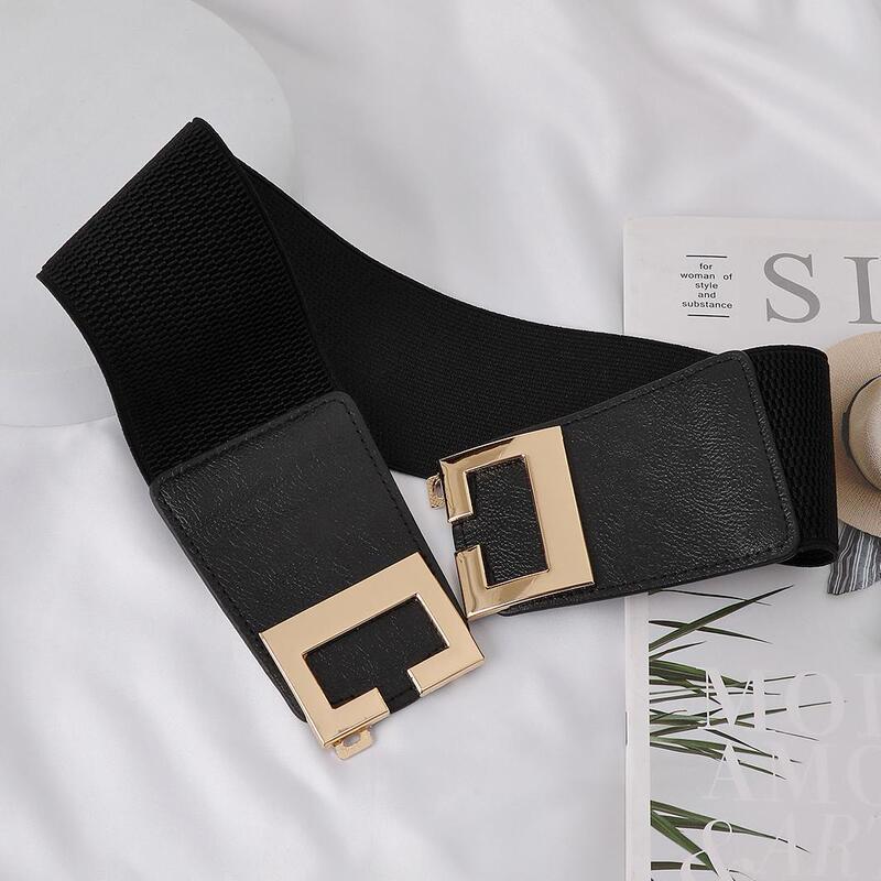 European and American Style Square Buckle Belt for Women, Decorative Coat with Dress, Leather Belt, Waist-Cinching Suit, Elastic Elastic Girdle, Wide
