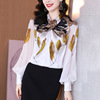 Lantern long sleeve mulberry silk shirt fashion contrast printing loose Pullover Top