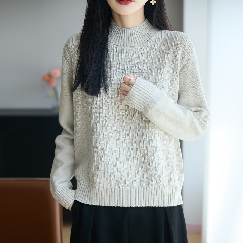 Cross-border 100% pure cotton half-high collar long-sleeve jacquard sweater for women, warm knitted base shirt, simple solid color all-cotton autumn Cross-border 100% pure cotton half-high collar long-sleeve jacquard sweater for women, warm knitted base shirt, simple solid color all-cotton autumn
