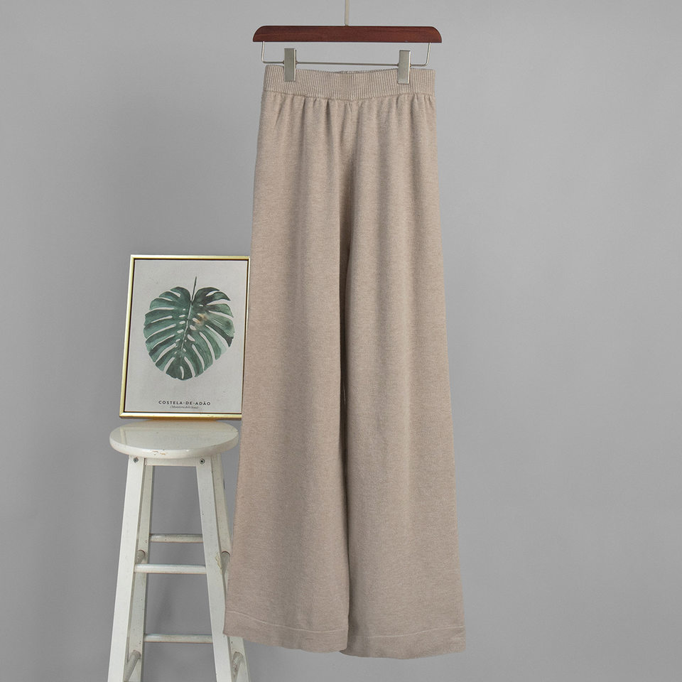 Bộ áo cardigan dệt kim khóa kéo phối quần dài ống rộng nữ — màu bột yến mạch, màu nâu, màu xám, trắng chi tiết 5