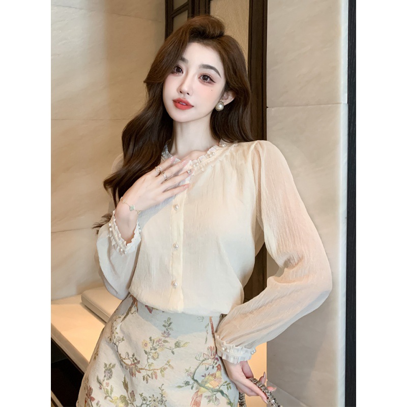 Autumn elegant shirt with a round collar