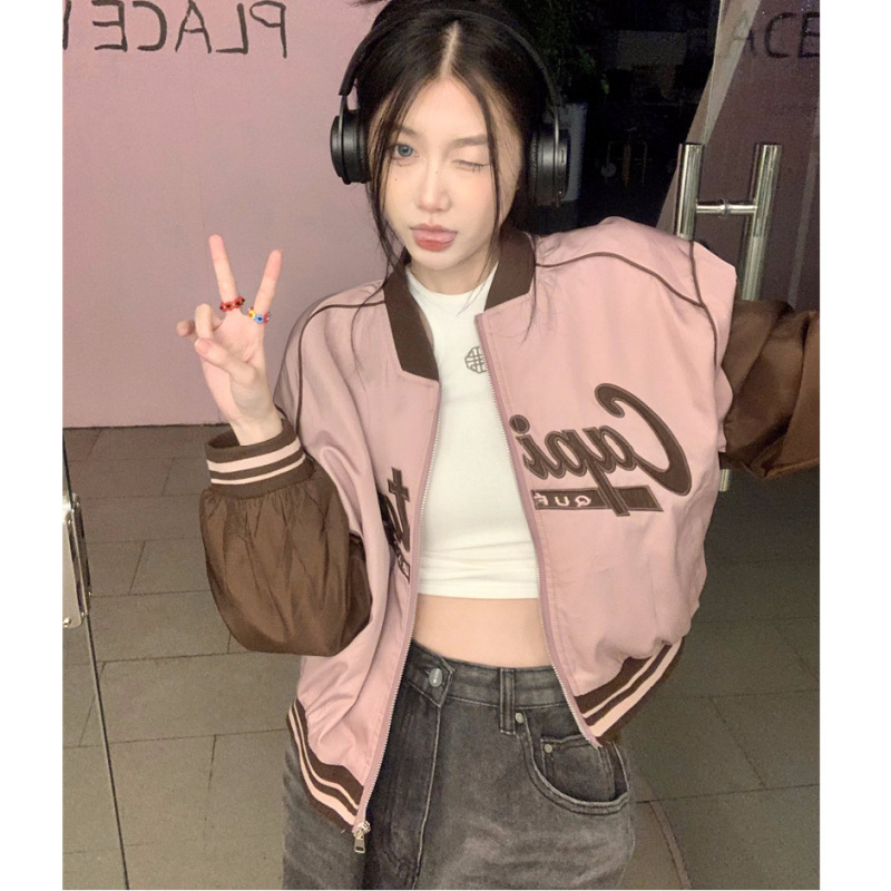 2025年新款美式复古米蓝拼色短款棒球服外套女春秋小众设计感夹克|undefined