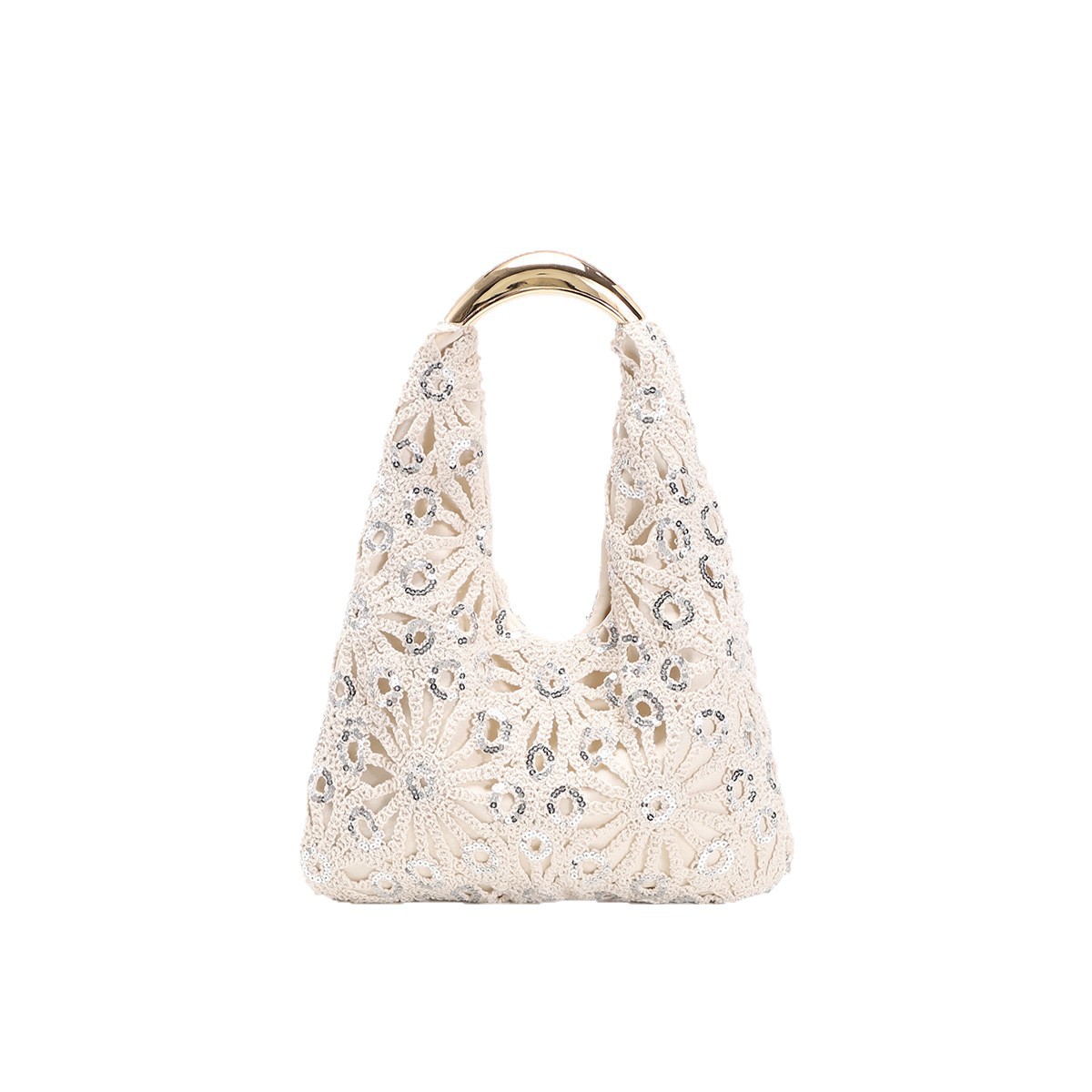 Cross-Border Women's New Sequin Hollow Crochet Bag Flower Pattern Vacation Style Crescent Handbag - Thumbnail 5