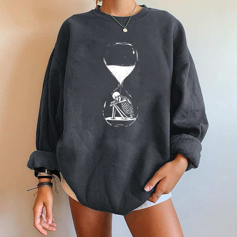 Halloween Sanduhr Skelett Fleece Rundhals Pullover Tropfen Schulter Langarm Herbst/Winter Warm Top Unisex_voghion.com