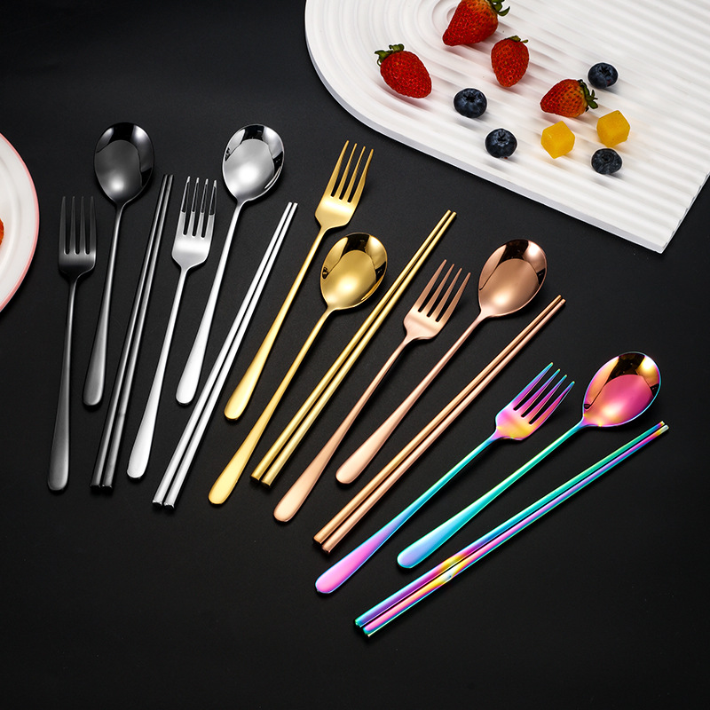 Cross-border 304 Tenedor de acero inoxidable cuchara palillos estilo coreano de alta apariencia traje de regalo para el hogar vajilla portátil logotipo imprimible