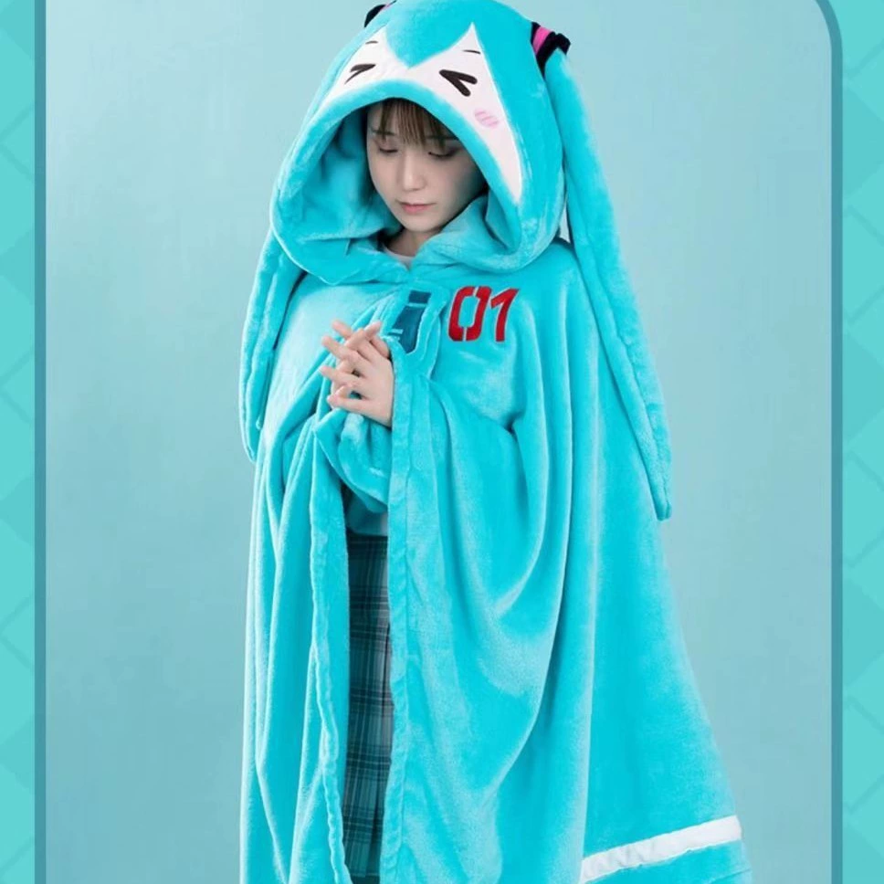 Оптовая продажа, плащ для девочек Hatsune Miku, милый маленький плащ с капюшоном из мультфильма, фланелевое теплое одеяло с кондиционером, обеденный перерыв