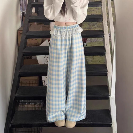 Lace Stitching Blue Plaid Loose Straight Leg Pants Women's Wide Leg Pants Spring and Autumn 2025 New High Waist Pants