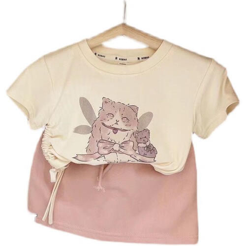 Sweet and Cool Cat Style Cat T-shirt Set Design-Savvy Minority Drawstring Two-Piece Summer Outfit for Girls
