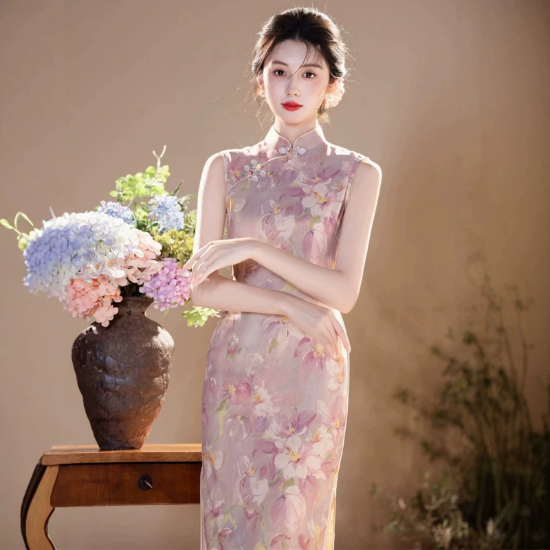 2026 Summer New Style Cheongsam, New Chinese Style, Pink, Young Style, Sleeveless Long Cheongsam, Waist-Cinching Slimming Cheongsam