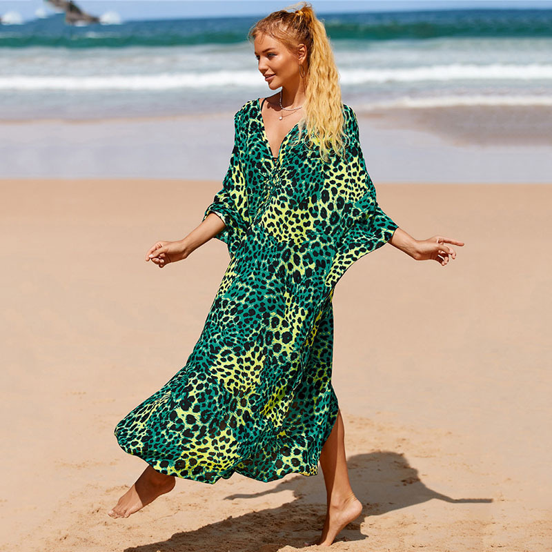 224g Weight Sunscreen Shirt Outerwear Type 3/4 Length Sleeve Sleeve Length Polyester Fabric Type Long Top Length V Neck Neckline Printing, Leopard Pattern Spring&Summer Season Women's Gender Vacation, Beach Style Women's Printing Leopard Vacation Beach Cover Ups 107