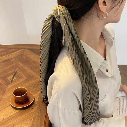 Korean Dongdaemun Folded Solid Color Hair Tie Spring and Summer Thin Long Silk Scarf Artistic Style Girl Solid Color Headscarf