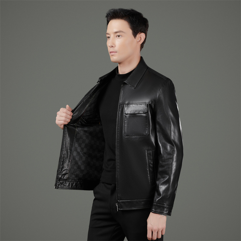 Haining genuine leather jacket for men, fleece-lined, dad style, new style for middle-aged and elderly men, thick sheepskin motorcycle leather jacket.