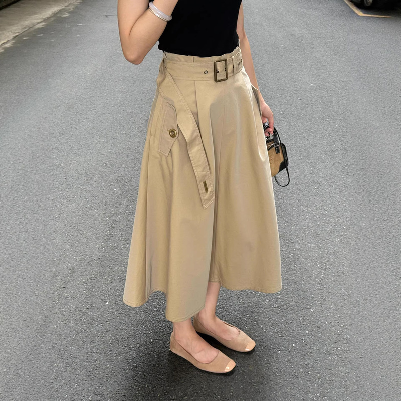 Retro Simple Work Clothing Style High-End Khaki Skirt for Women Early Spring Versatile Slimming Look A-Line Long Skirt 38064 Retro Simple Work Clothing Style High-End Khaki Skirt for Women Early Spring Versatile Slimming Look A-Line Long Skirt 38064