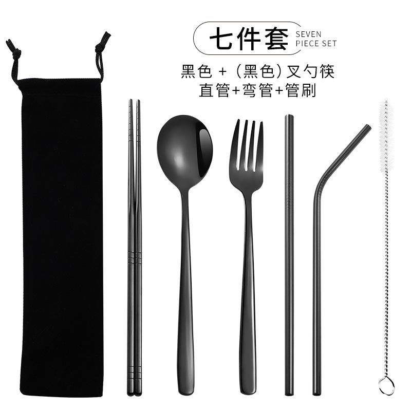 Venta caliente transfronteriza 304 paja de acero inoxidable vajilla portátil creativo chapado en oro palillos coreanos cuchara tenedor paja 7 piezas traje