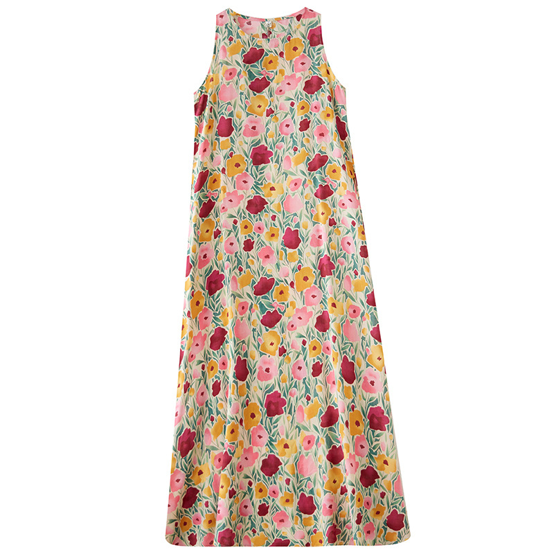 Real Shot Bohemian Maxi Dress Summer Fattened Oversleeveless Crew Neck Print Dress_ecoleips.com