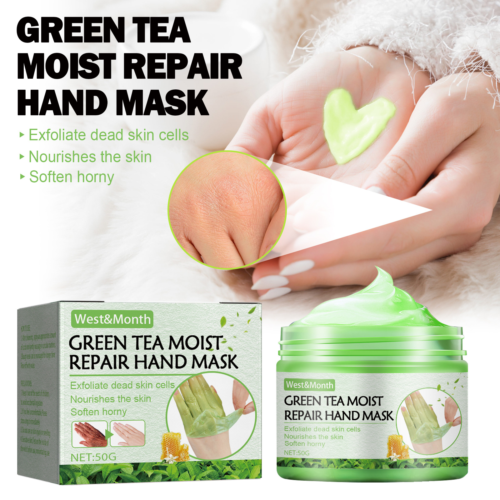 Maska do rąk West&Month Green Tea Repair Hand Mask nawilża, odżywia i zmiękcza skórę, zapobiegając powstawaniu suchych pęknięć,_voghion.com