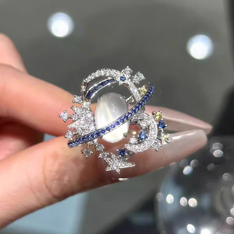 "Space Star" Star and Moon Sparkling Luxury Ring with a Cool Vibe, Full Diamond, Heavy Craftsmanship, Unique and Versatile Index Finger Ring