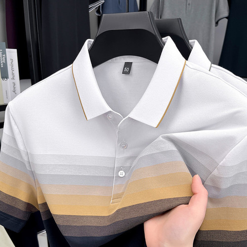 Summer Collared Cotton Striped Short-Sleeve Polo Shirt for Men Business Casual Thin T-Shirt Top