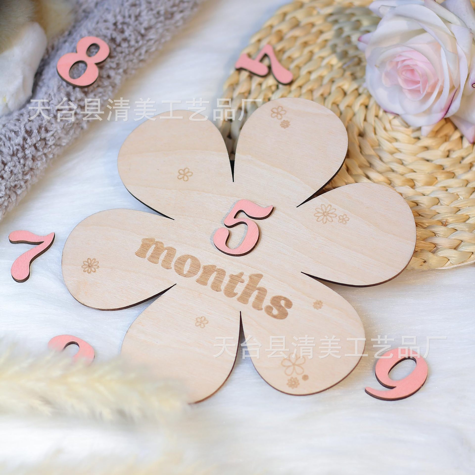 Forma de flor de bebé de madera Tarjeta de hito mensual para registrar el crecimiento del bebé Accesorios de fotografía de recién nacidos