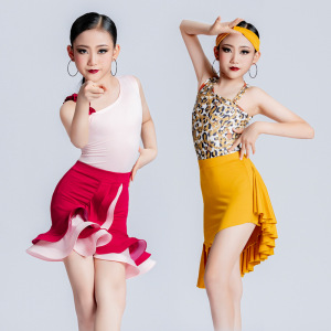 Girls latin dance dresses pink leopard  one shoulder ballroom salsa rumba chacha dance uniforms children modern dance skirt stage performance outfits