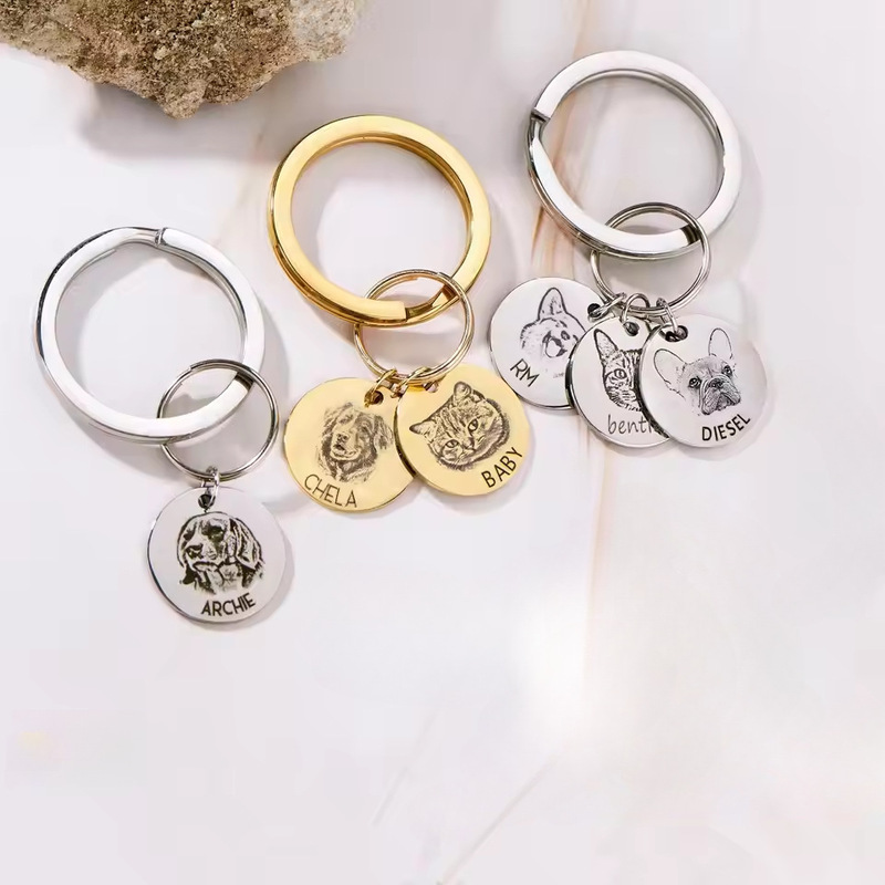 Cross-Border Hot-Selling DIY Commemorative Pet Photo Keychain Simple Personalized Name Engraved Disc Stainless Steel Pendant