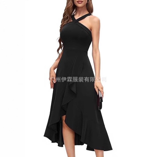 2025 Amazon Women's Black Evening Dress Export High-End New Dress Cross Bandage