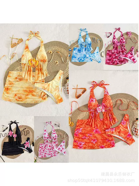 Printed Slim-Fit V-Neck Lace Patchwork Sexy Vacation-Style Bikini Three-Piece Skirt-Style Swimsuit