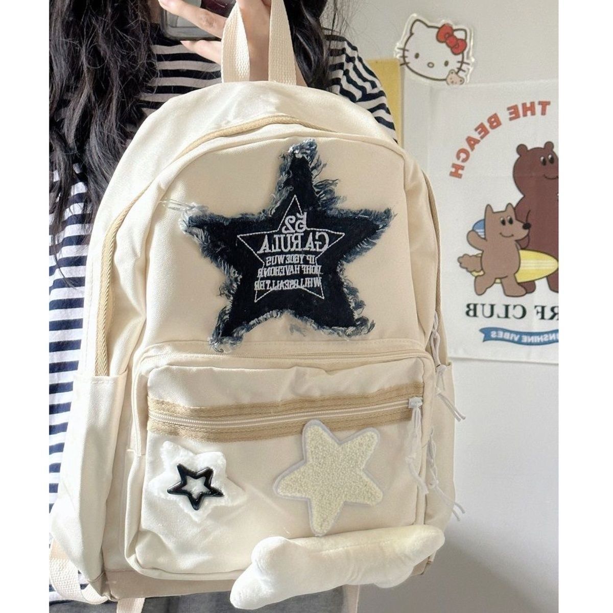 日系星星手工千禧浅色甜美休闲学生背包撞色双肩包ins百搭书包女