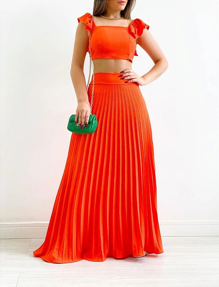 Romantic Solid Color Polyester Pleated Skirt Sets 2 Piece Set