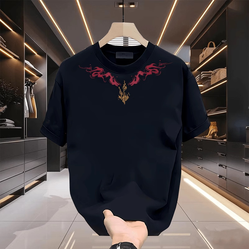 High-End Black Wing Print Men's Short-Sleeve T-Shirt, New Summer 2026 Pure Cotton Versatile Light Luxury Trendy Brand Top