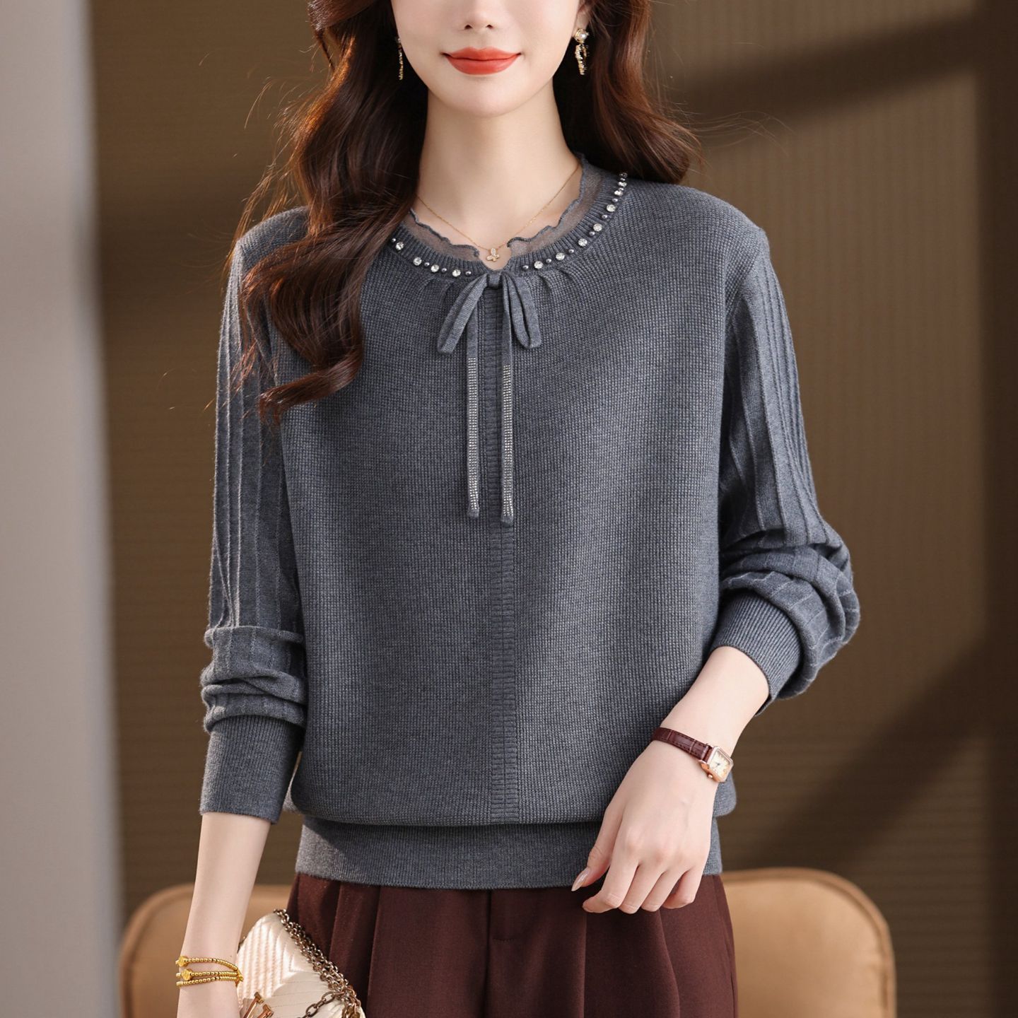 2025 New Autumn Clothing Beaded Lace-Up Knitwear Women's Gentle Style Pullover Lace Top Autumn and Winter Bottoming Knitwear
