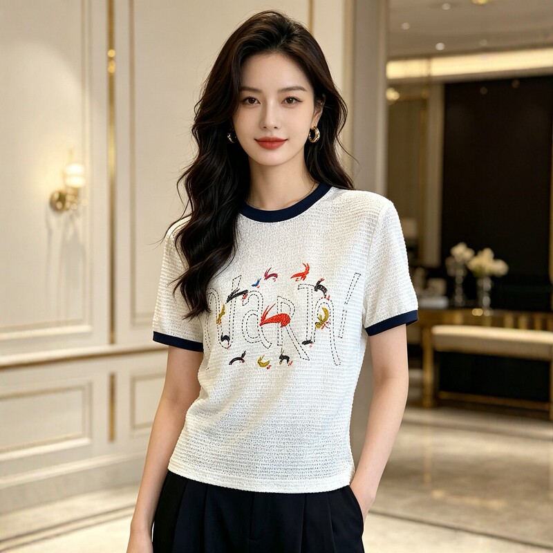 2026 Summer New Style Contrasting Color Printed Short-Sleeved T-Shirt for Women, Round Neck, Loose and Versatile Top, Fashionable and Trendy 1430 2026 Summer New Style Contrasting Color Printed Short-Sleeved T-Shirt for Women, Round Neck, Loose and Versatile Top, Fashionable and Trendy 1430