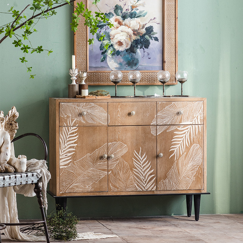 American Country Retro Solid Wood Carved Sideboard Entryway Cabinet B&B Living Room Drawer Storage Storage Cabinet