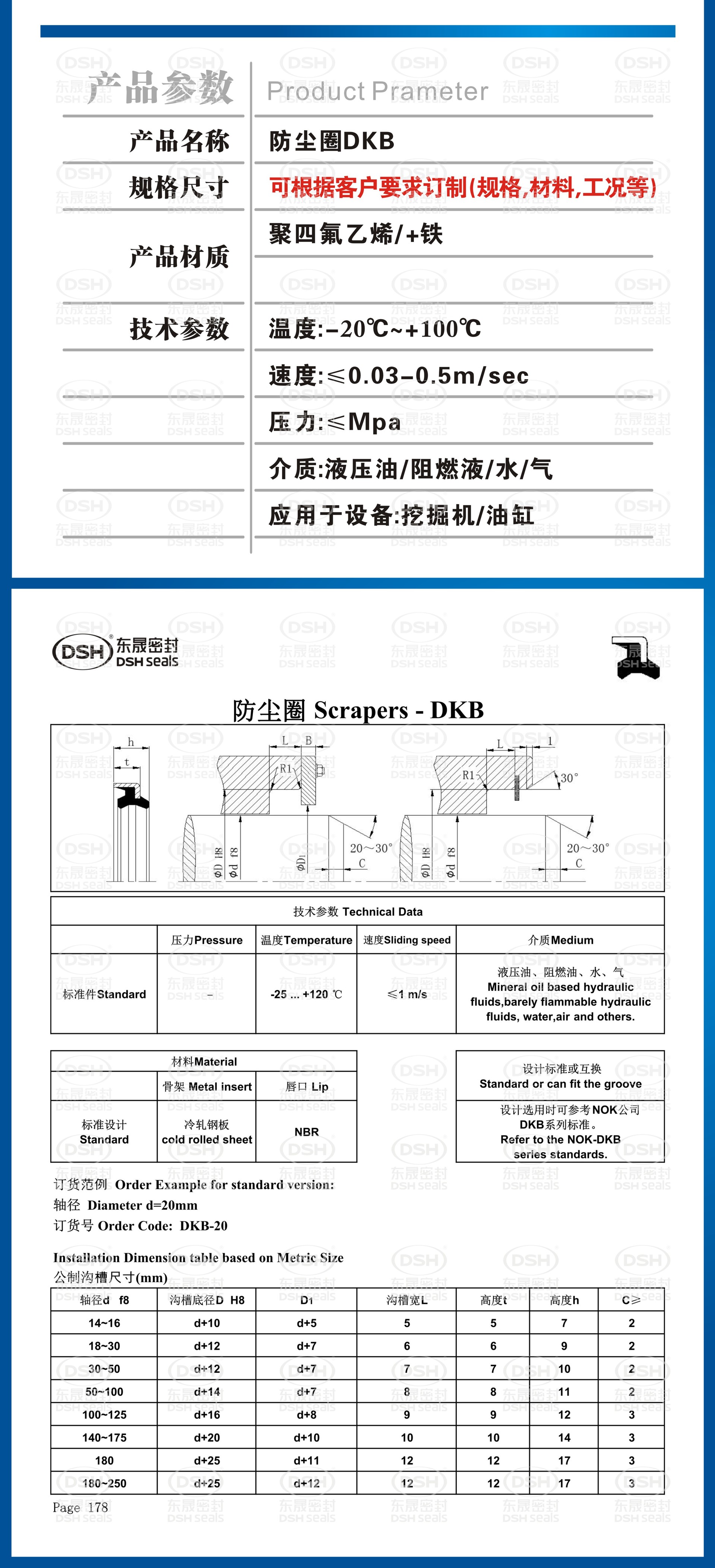 1.3防尘圈DKB的工况、规格尺寸、材料材质、技术参数及导向套环的截面图纸
