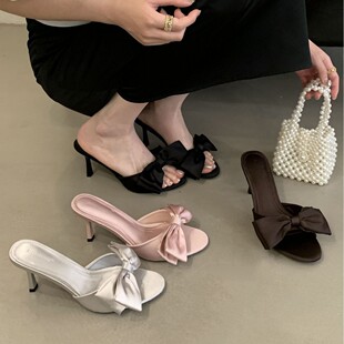 2025 New Summer Style Silks and Satins Bow Sweet Style Stiletto High Heel Slippers Round Toe Slippers Women's Shoes
