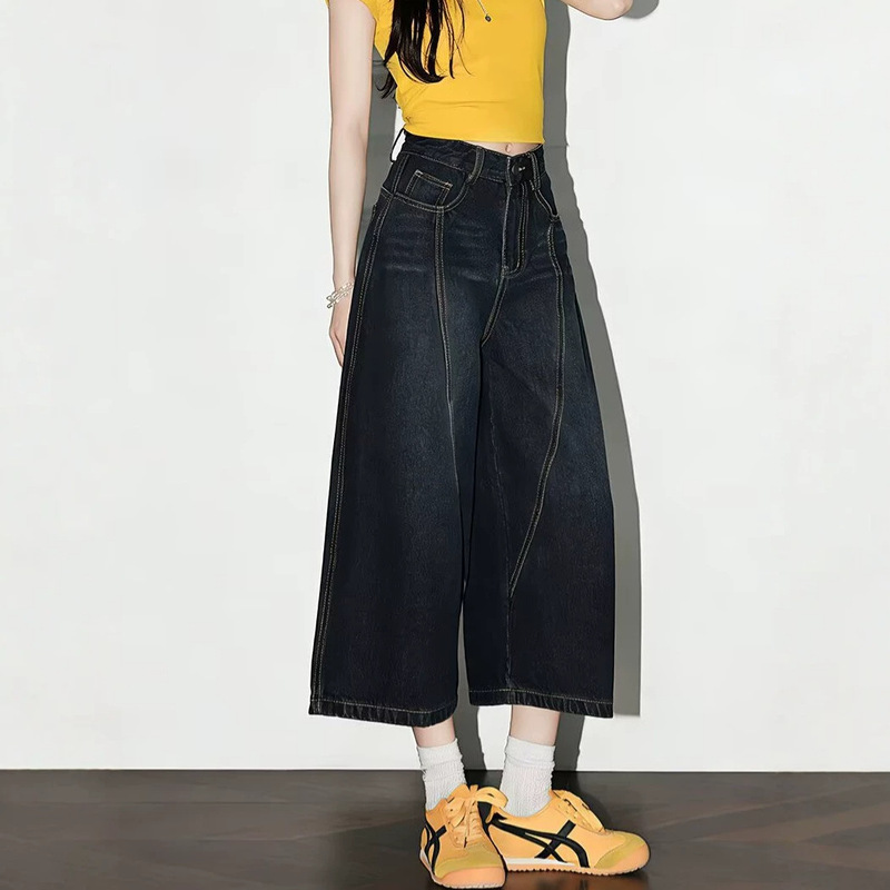 American Retro Blue-Gray Washed Cropped Jeans for Women, New Spring/Summer Style, Loose Fit, Curved Hem, Wide-Leg Shorts