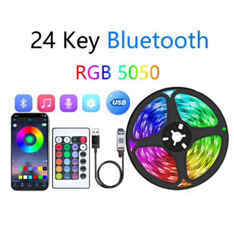 5V 5050 RGB LED Strip, 18 LEDs/m, Bluetooth APP & Music Sync, USB-Powered, Custom Lengths