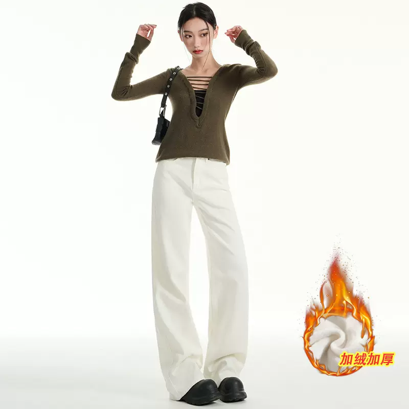 加绒高腰窄版阔腿牛仔裤女2024秋冬新款设计感宽松显瘦垂感拖地裤