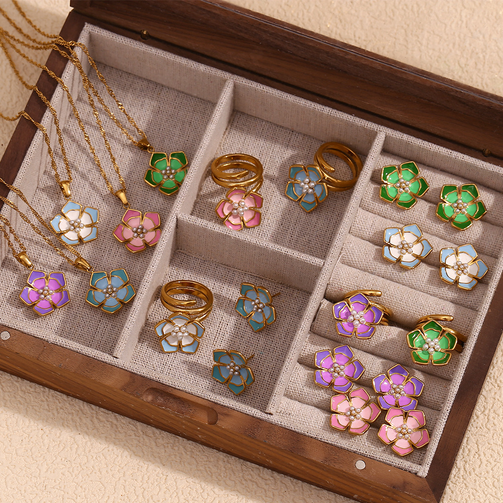 Pearl Colored Drop Oil Petal Necklace Earrings Ring Sets